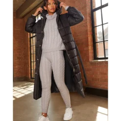 New CHI CHI LONDON Check Padded Longline Belted Coat in Black