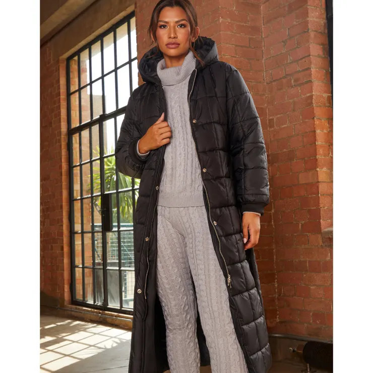 New CHI CHI LONDON Check Padded Longline Belted Coat in Black
