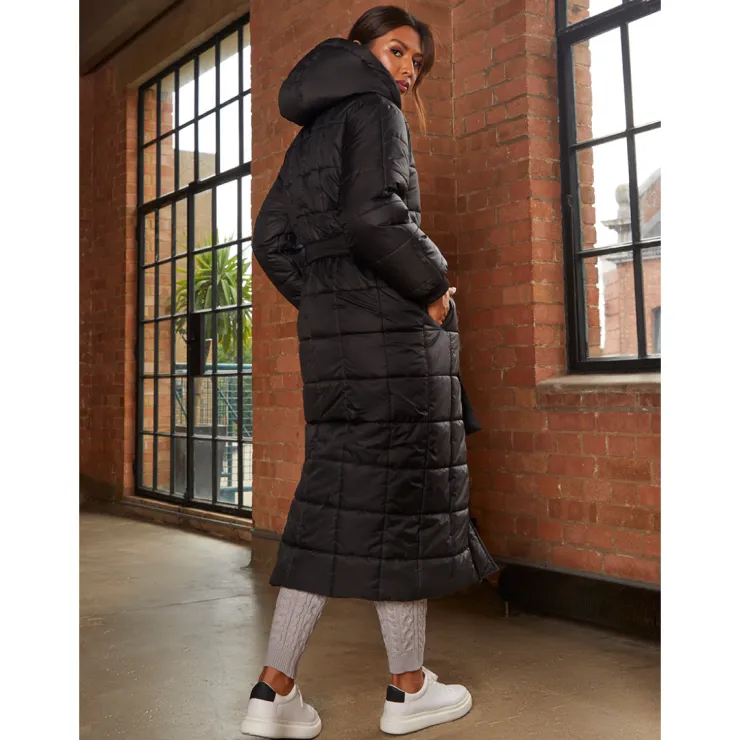 New CHI CHI LONDON Check Padded Longline Belted Coat in Black