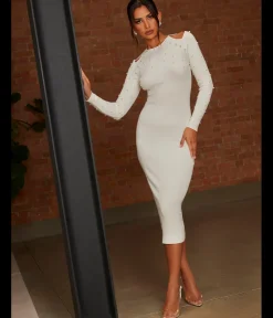 New CHI CHI LONDON Cold Shoulder Pearl Detail Rib Midi Dress in Cream