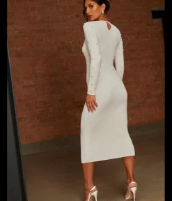 New CHI CHI LONDON Cold Shoulder Pearl Detail Rib Midi Dress in Cream
