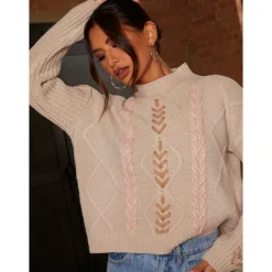 CHI CHI LONDON Contrast Cable Detail Jumper in Cream