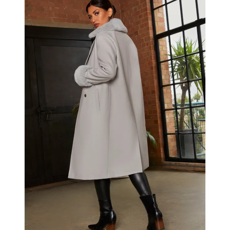 Sale CHI CHI LONDON Double Breasted Faux Fur Trim Coat in Grey