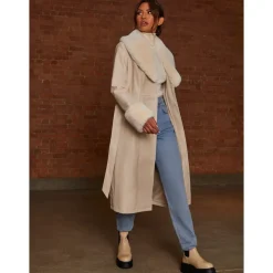 Online CHI CHI LONDON Faux Leather Longline Coat with Faux Fur Trim in Taupe