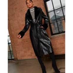 Best CHI CHI LONDON Faux Leather Longline Coat with Faux Fur Trim in Black