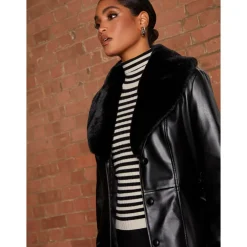 Best CHI CHI LONDON Faux Leather Longline Coat with Faux Fur Trim in Black
