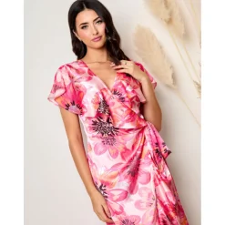 New CHI CHI LONDON Flutter Sleeve Satin Wrap Dress in Pink