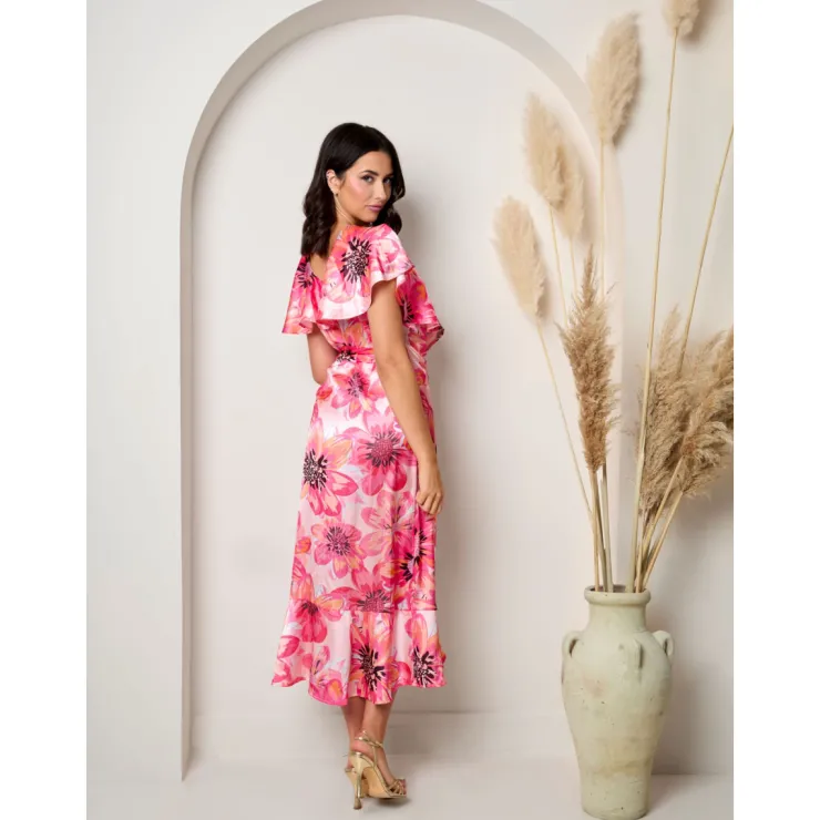 New CHI CHI LONDON Flutter Sleeve Satin Wrap Dress in Pink