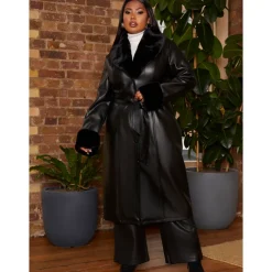 Hot CHI CHI LONDON Plus Size Faux Leather Longline Coat with Faux Fur Trim in Black