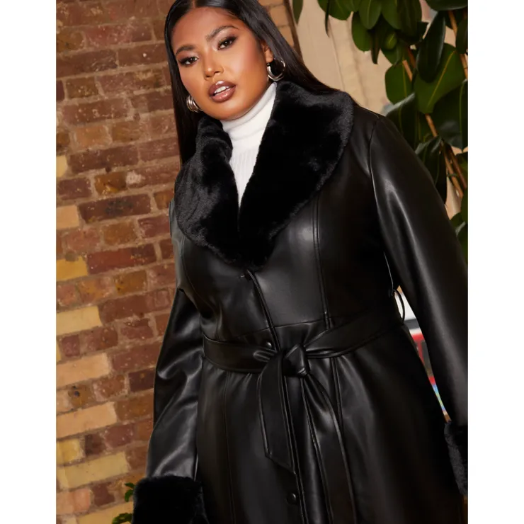 Hot CHI CHI LONDON Plus Size Faux Leather Longline Coat with Faux Fur Trim in Black