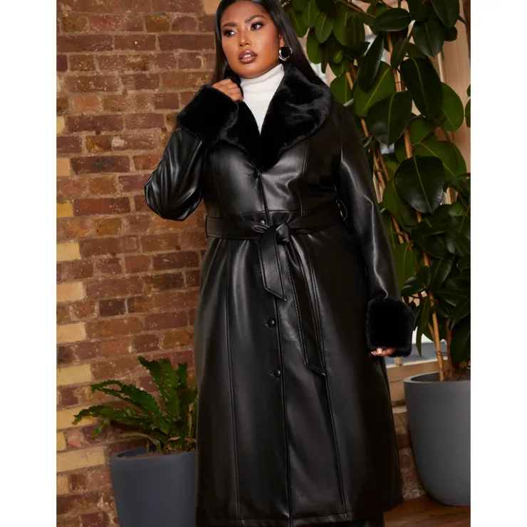 Hot CHI CHI LONDON Plus Size Faux Leather Longline Coat with Faux Fur Trim in Black