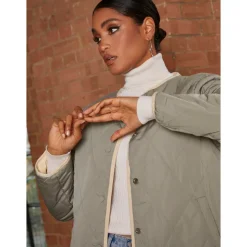 New CHI CHI LONDON Reversible Quilted Short Jacket in Cream and Khaki