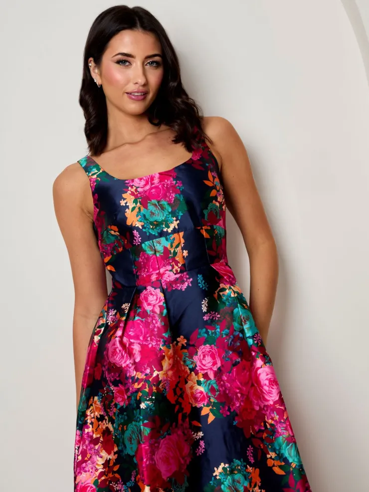CHI CHI LONDON Sleeveless Floral Fit and Flare Midi Dress in Navy