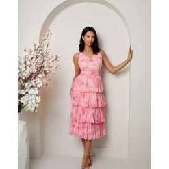 Hot CHI CHI LONDON Sleeveless Floral Print Midi Dress in Pink