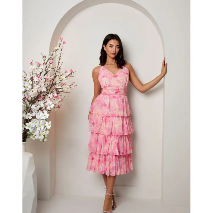 Hot CHI CHI LONDON Sleeveless Floral Print Midi Dress in Pink