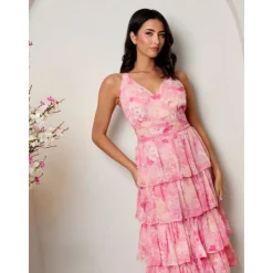 Hot CHI CHI LONDON Sleeveless Floral Print Midi Dress in Pink