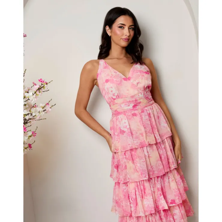 Hot CHI CHI LONDON Sleeveless Floral Print Midi Dress in Pink