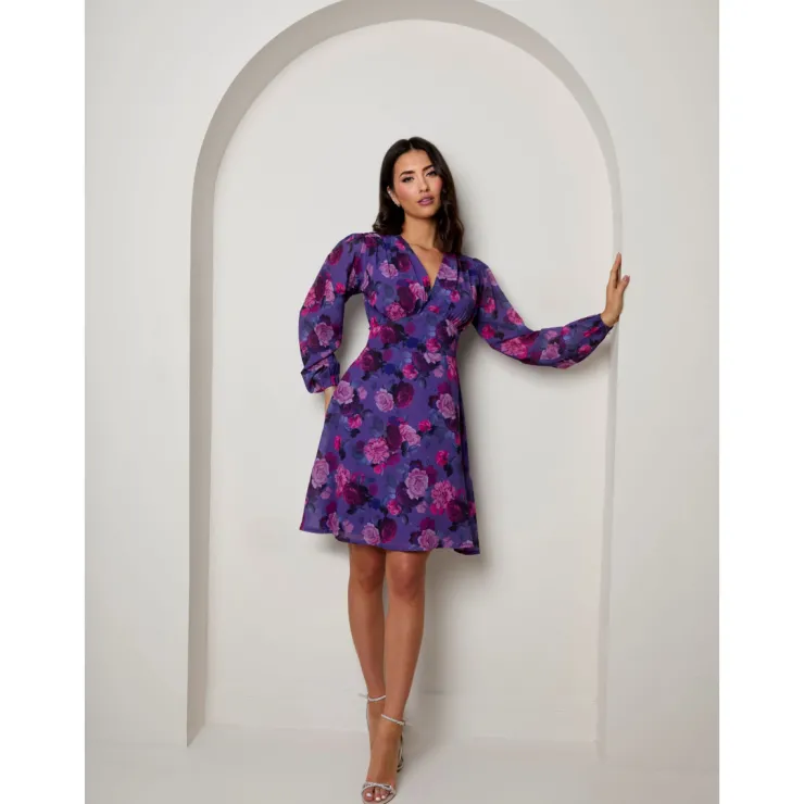 Hot CHI CHI LONDON V Neck Floral Printed Chiffon Dress in Purple