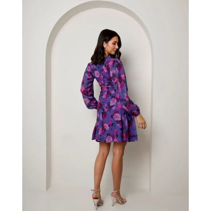 Hot CHI CHI LONDON V Neck Floral Printed Chiffon Dress in Purple