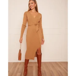 Hot CHI CHI LONDON Wrap Split Side Knitted Midi Dress in Camel