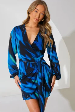 Best In the Style Chiffon Abstract Drape Wrap Mini Dress Black