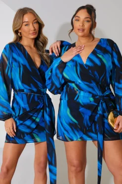 Best In the Style Chiffon Abstract Drape Wrap Mini Dress Black