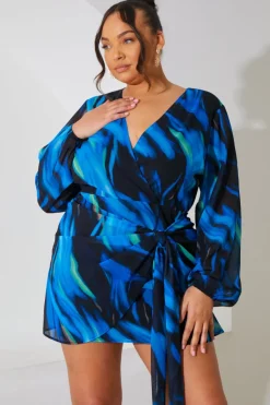 Best In the Style Chiffon Abstract Drape Wrap Mini Dress Black