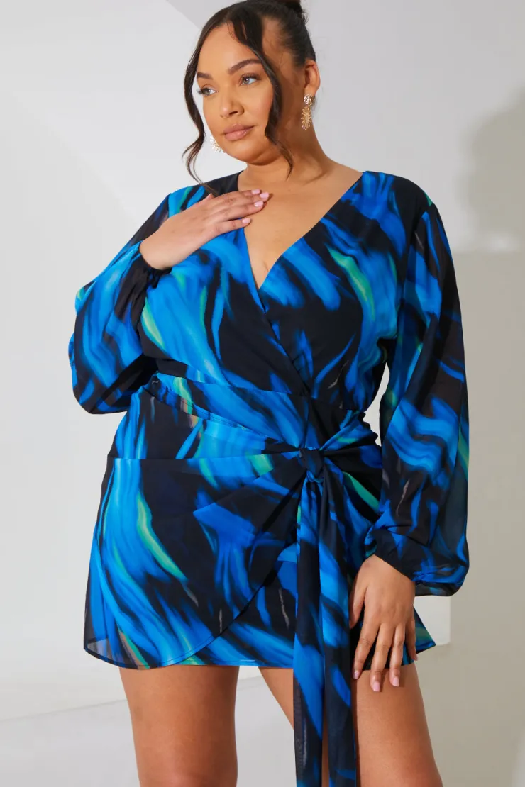 Best In the Style Chiffon Abstract Drape Wrap Mini Dress Black