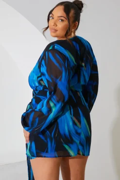 Best In the Style Chiffon Abstract Drape Wrap Mini Dress Black
