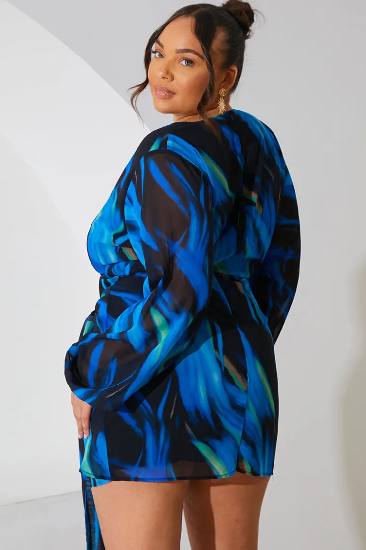 Best In the Style Chiffon Abstract Drape Wrap Mini Dress Black