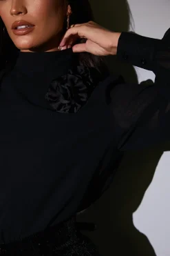 Online In the Style Chiffon Balloon Sleeve Detachable Corsage Blouse Black