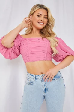Outlet In the Style Chiffon Bandeau Balloon Sleeve Top Pink