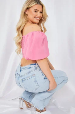 Outlet In the Style Chiffon Bandeau Balloon Sleeve Top Pink