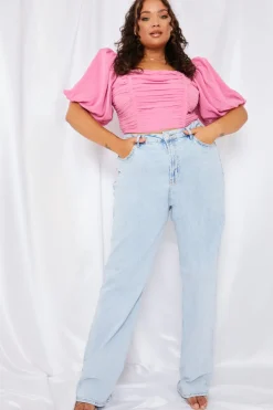 Outlet In the Style Chiffon Bandeau Balloon Sleeve Top Pink