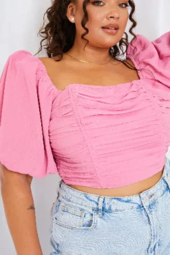 Outlet In the Style Chiffon Bandeau Balloon Sleeve Top Pink
