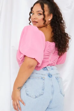 Outlet In the Style Chiffon Bandeau Balloon Sleeve Top Pink