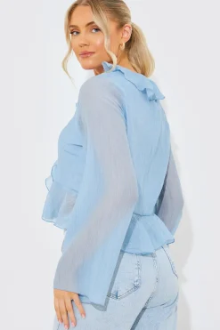 Sale In the Style Chiffon Frill Blouse Blue