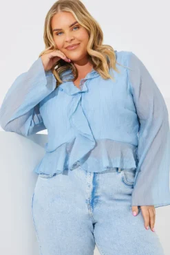 Sale In the Style Chiffon Frill Blouse Blue