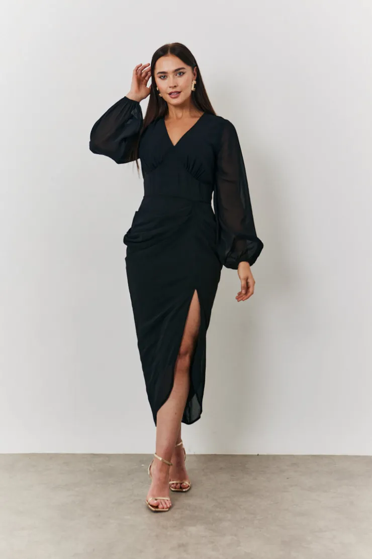 Outlet In the Style Chiffon Long Sleeve Slit Detail Midi Dress Black
