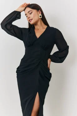 Outlet In the Style Chiffon Long Sleeve Slit Detail Midi Dress Black