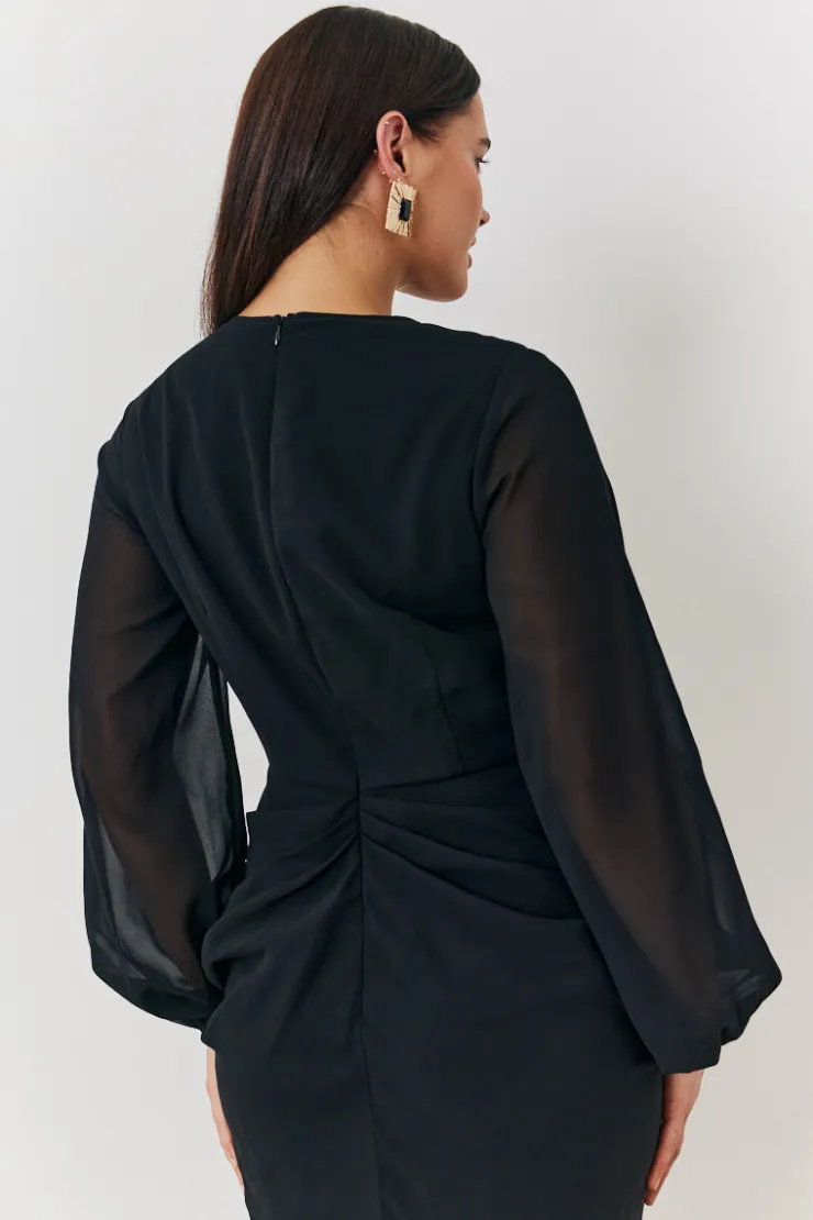Outlet In the Style Chiffon Long Sleeve Slit Detail Midi Dress Black