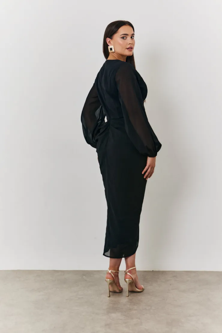 Outlet In the Style Chiffon Long Sleeve Slit Detail Midi Dress Black