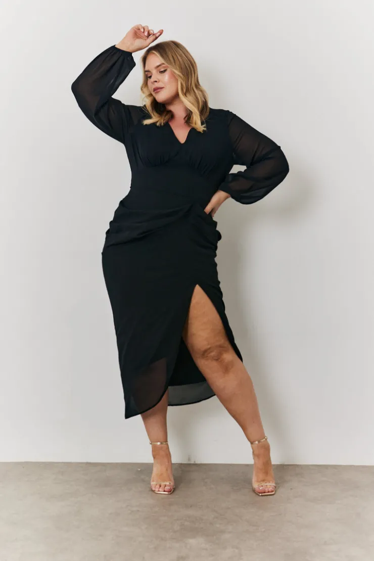 Outlet In the Style Chiffon Long Sleeve Slit Detail Midi Dress Black