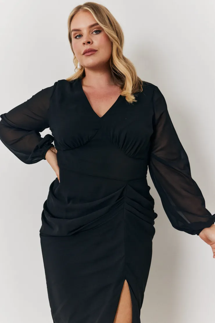 Outlet In the Style Chiffon Long Sleeve Slit Detail Midi Dress Black
