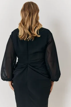 Outlet In the Style Chiffon Long Sleeve Slit Detail Midi Dress Black