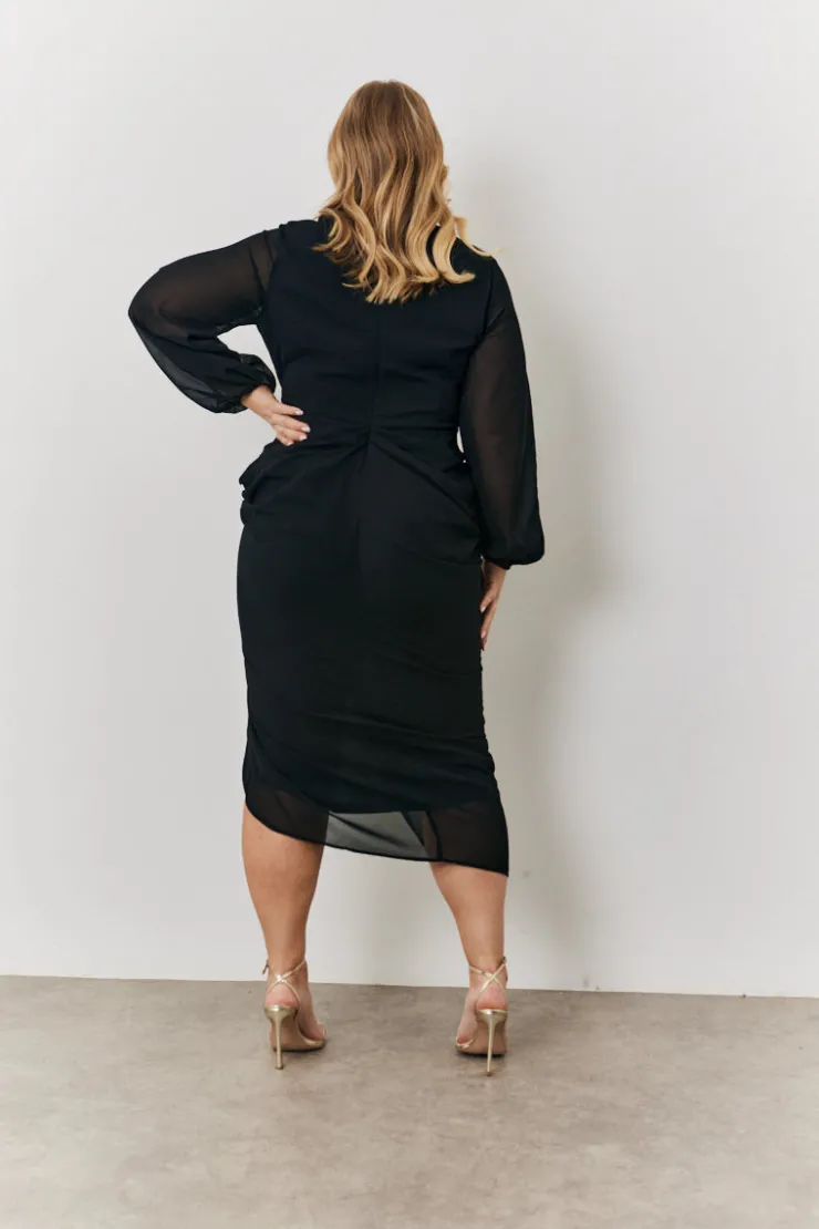 Outlet In the Style Chiffon Long Sleeve Slit Detail Midi Dress Black