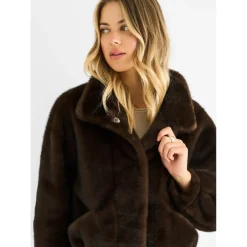 Sale Gini London Coffee Funnel Neck Button Up Faux Fur Jacket