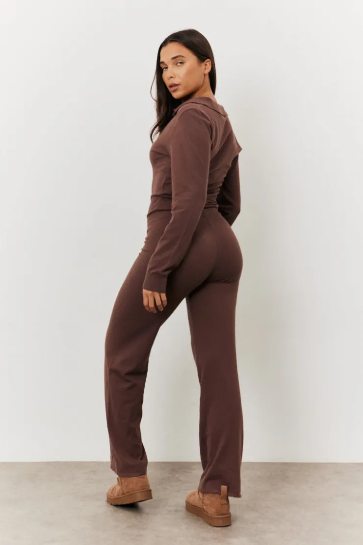 Outlet In the Style Collared Knit Jumpsuit Chocolate