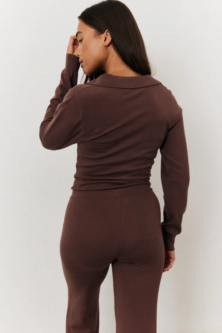 Outlet In the Style Collared Knit Jumpsuit Chocolate