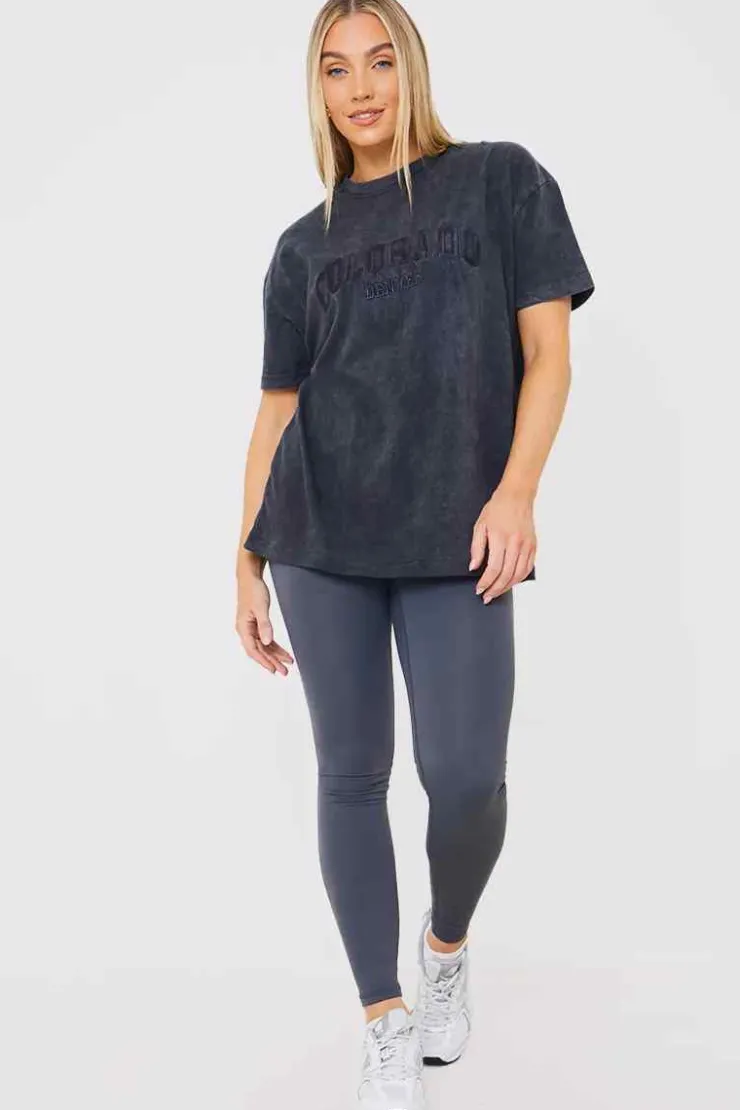 Hot In the Style Colorado' Acid Wash Slogan T-Shirt Charcoal